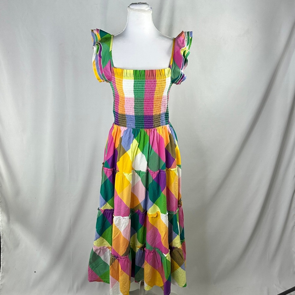 Crown & Ivy Women S Dress Multicolor Gingham Smocked Tiered Rainbowcore Boho NWT